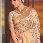 Cream Banarasi Silk Saree With Blouse Piece