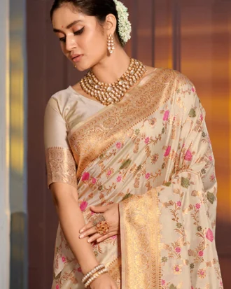 Cream Banarasi Silk Saree With Blouse Piece